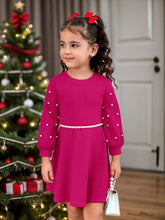 Urban Chic Party & Casual Solid Color Round Neck Long Sleeve Beaded Knit Dress For Young Girls